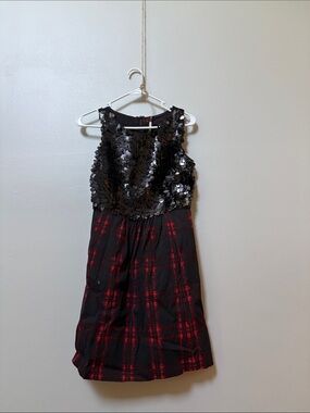 Tracy Reese Black Sequin Bodice Red Plaid Skirt Cocktail Dress